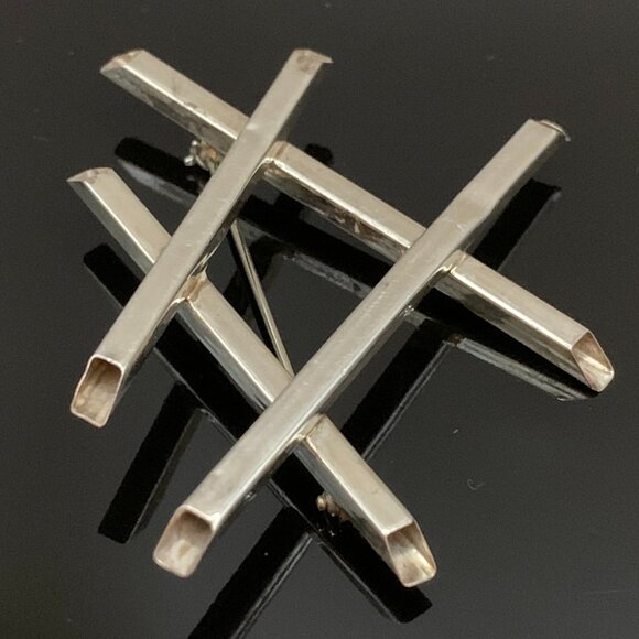 Modernist Industrial Abstract Criss Cross Sterling Silver Brooch PIN Vtg EDI